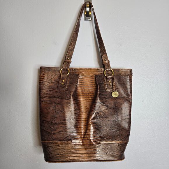 Vintage Brahmin Croc Embossed Leather Tote Bag Brown Old Money Heritage Preppy